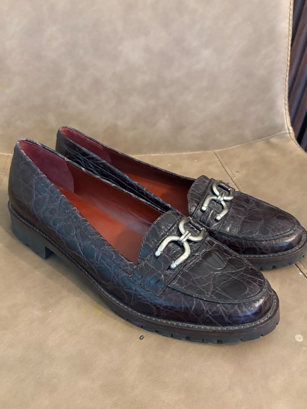 Talbots vintage dark brown leather shiny buckle loafers shoes size 8B